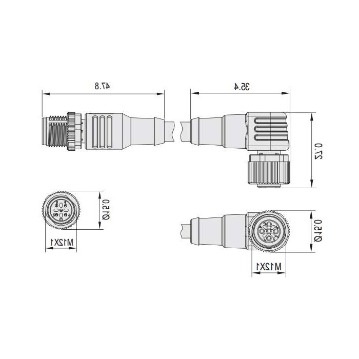 M12 4Pin 、母头90°转公头直型、双端预铸PVC非柔性电缆、带屏蔽、灰色护套、64D227-XXX